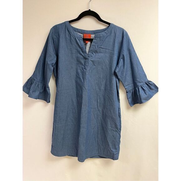 Tracy Negoshian Women's Chambray Blue Trapeze Elbow Puff Sleeve Dress with pocke - Picture 7 of 7